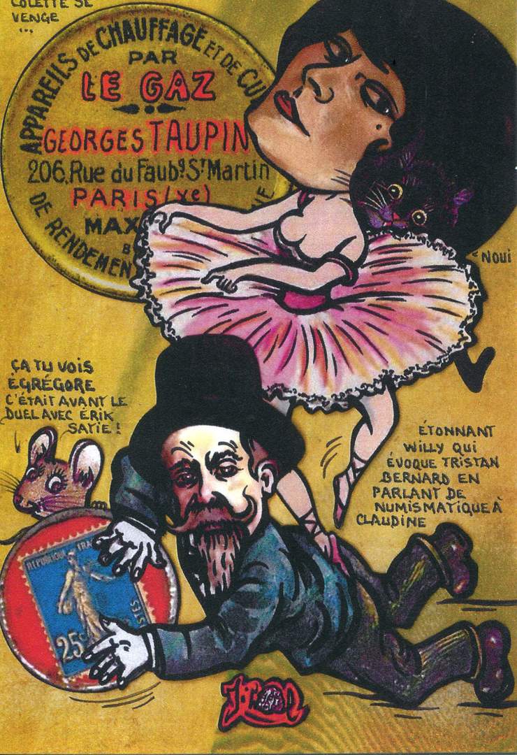 Exemple 156 de carte postale signée Jacques Lardie dit Jihel utilisant le timbre-monnaie Le Gaz Georges Taupin comme illustration