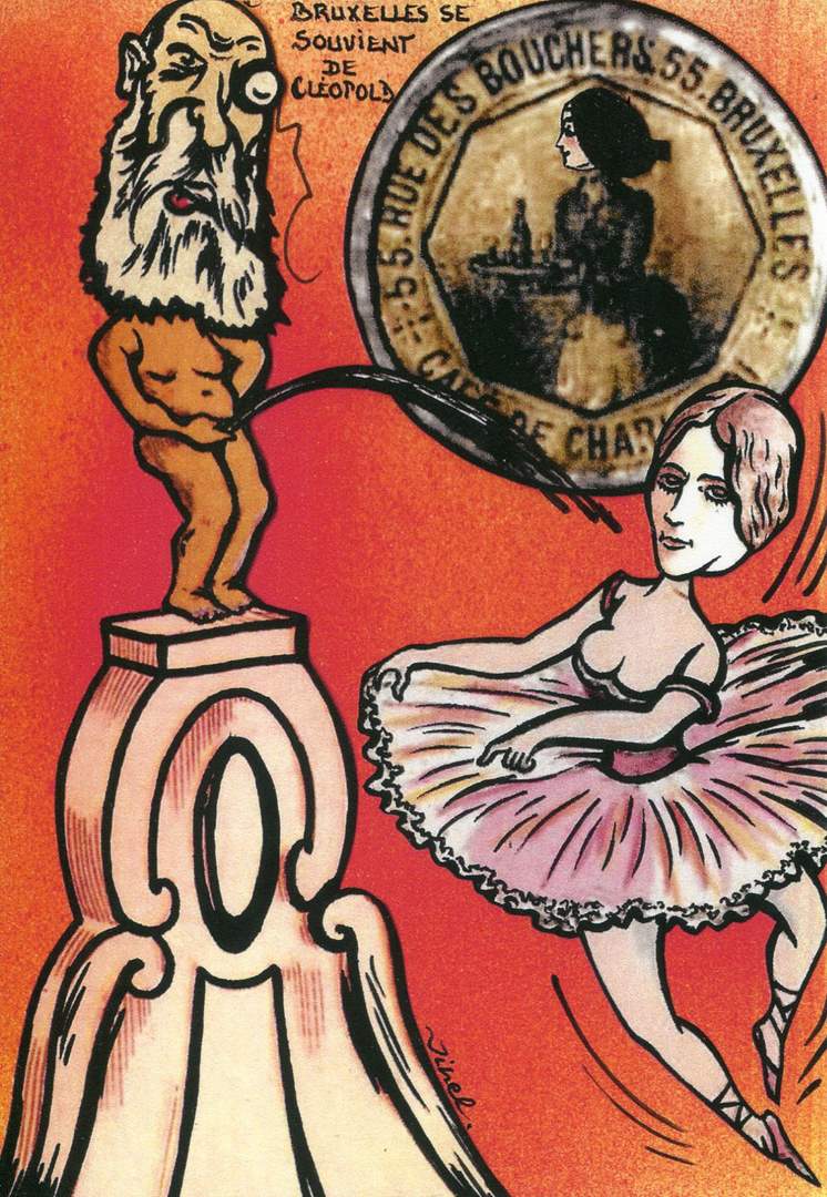 Exemple 1709 de carte postale sign�e Jacques Lardie dit Jihel ou JL utilisant le timbre-monnaie Caf� de Charleroi � Bruxelles comme illustration