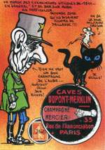 Carte postale signe Jacques Camille Lardie dit Jihel utilisant le timbre-monnaie Caves Dupont-Merklin comme illustration