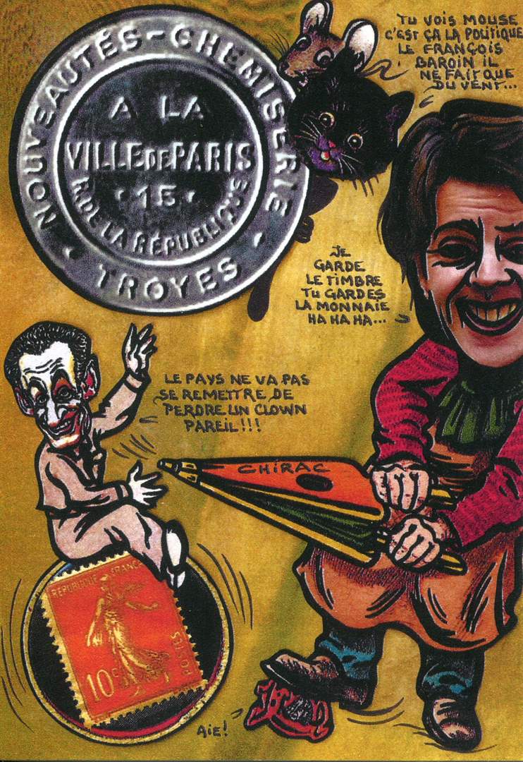 Exemple 182 de carte postale signée Jacques Lardie dit Jihel ou JL utilisant le timbre-monnaie A la Ville de Paris comme illustration