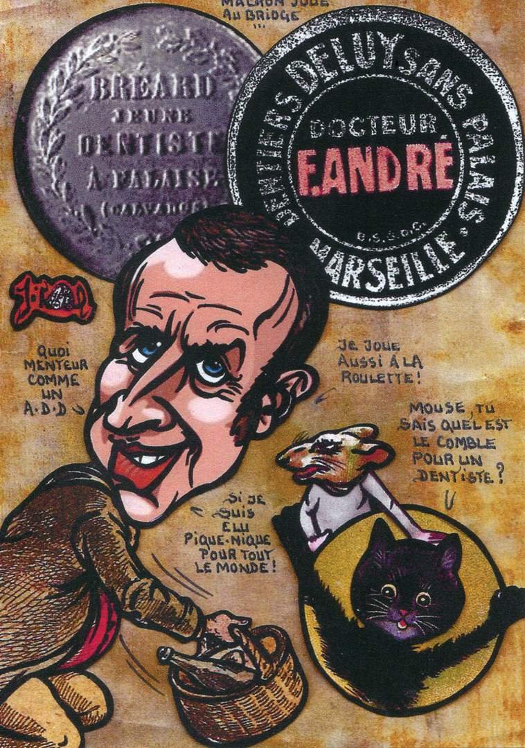 Exemple 191 de carte postale signée Jacques Lardie dit Jihel utilisant le timbre-monnaie Dentiers Deluy comme illustration