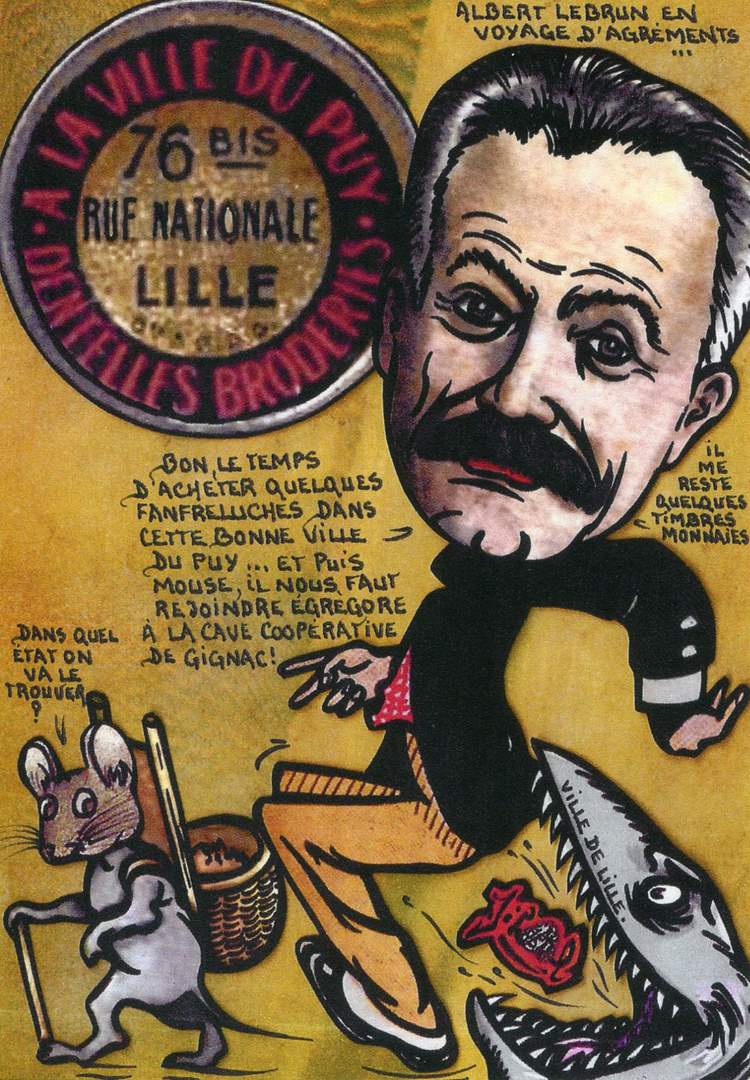 Exemple 204 de carte postale signée Jacques Lardie dit Jihel ou JL utilisant le timbre-monnaie A la Ville du Puy - Dentelles Broderies - 76 bis Rue Nationale - Lille - comme illustration