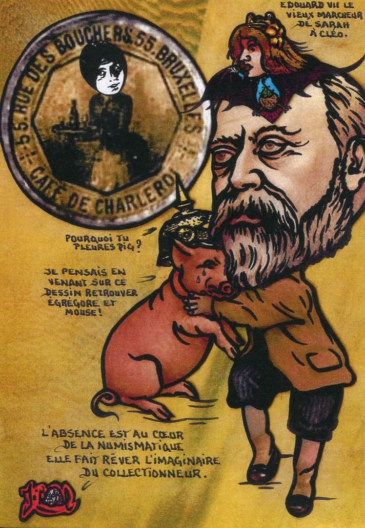 Exemple 205 de carte postale sign�e Jacques Lardie dit Jihel ou JL utilisant le timbre-monnaie Caf� de Charleroi � Bruxelles comme illustration