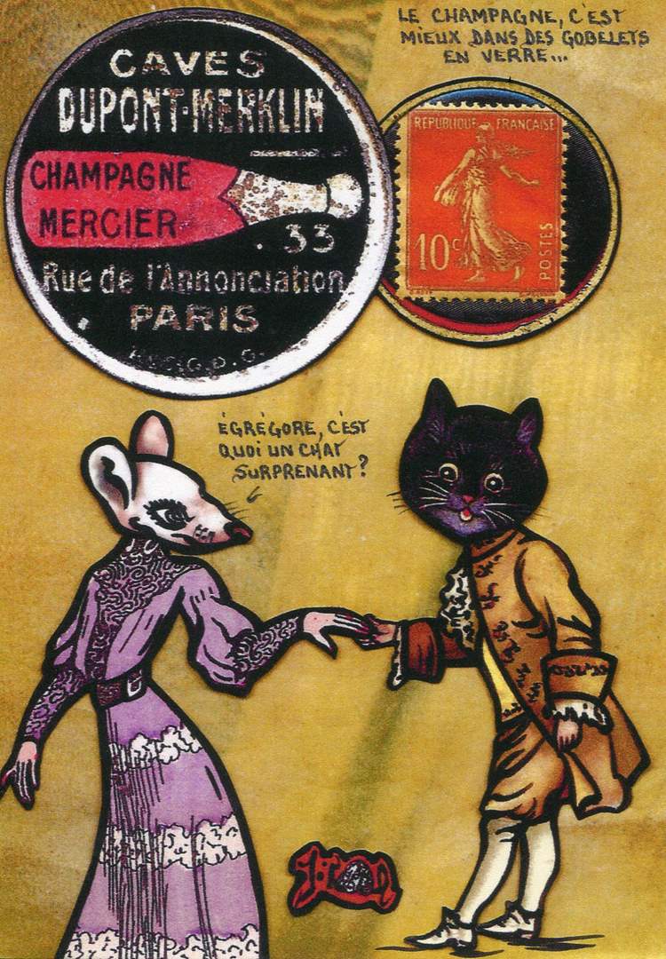 Exemple 209 de carte postale signée Jacques Lardie dit Jihel utilisant le timbre-monnaie Caves Dupont-Merklin - Champagne Mercier comme illustration