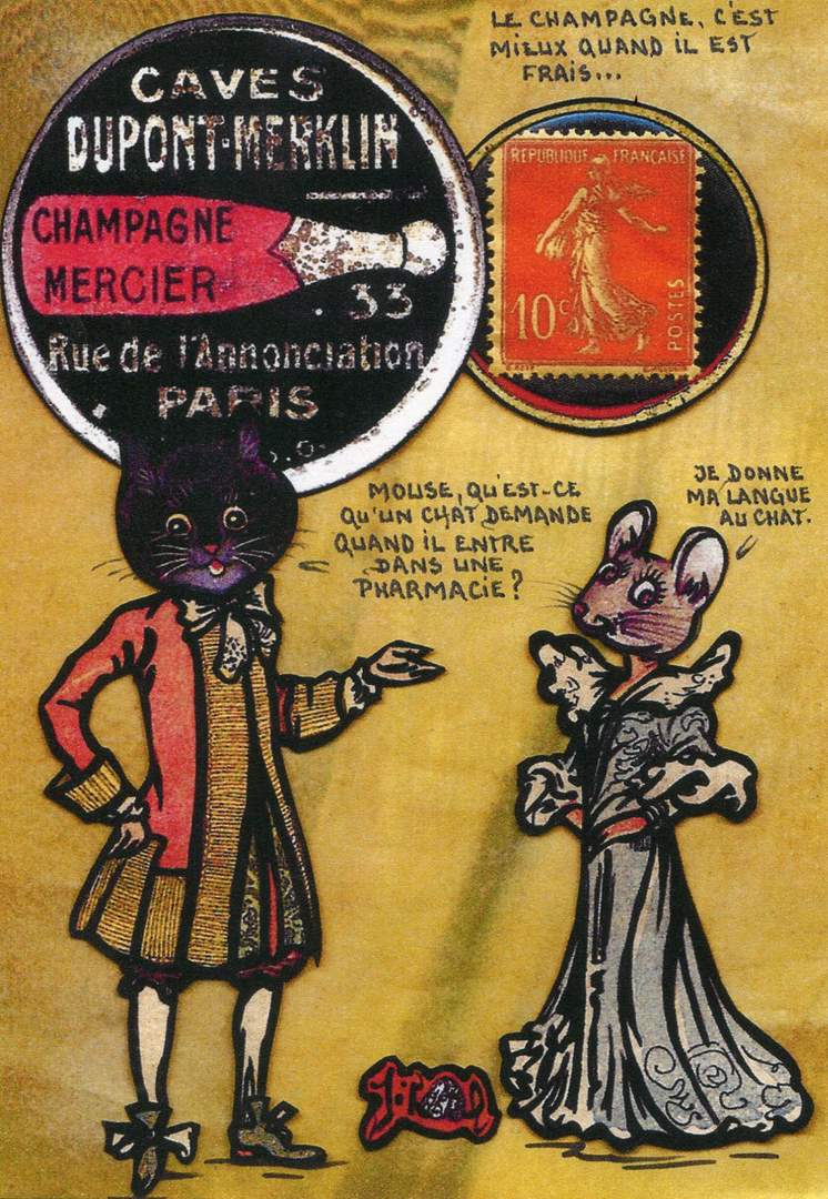 Exemple 210 de carte postale signée Jacques Lardie dit Jihel utilisant le timbre-monnaie Caves Dupont-Merklin - Champagne Mercier comme illustration