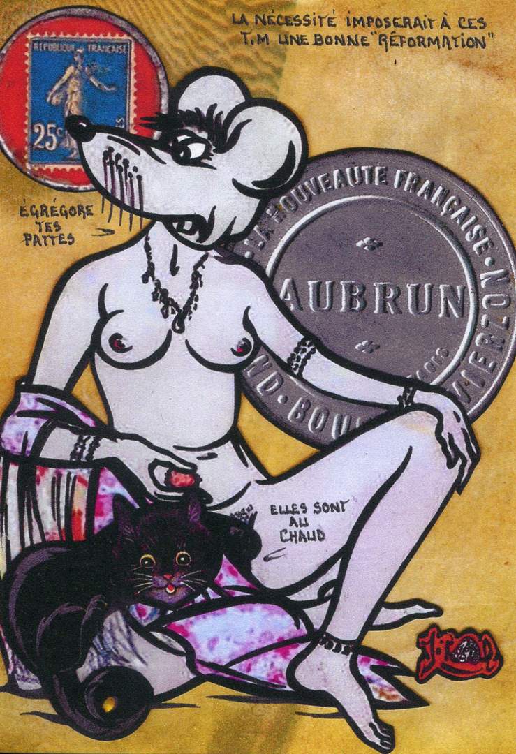Exemple 216 de carte postale signée Jacques Lardie dit Jihel ou JL utilisant le timbre-monnaie Aubrun - La nouveauté française - St-Amand - Bourges - Vierzon comme illustration