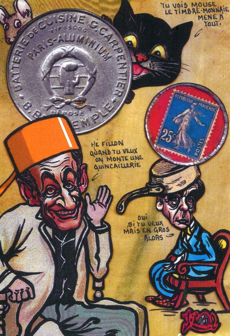 Exemple 235 de carte postale signée Jacques Lardie dit Jihel utilisant le timbre-monnaie Batterie de Cuisine G.Carpentier - Paris-Aluminium - 8, Bd du Temple comme illustration