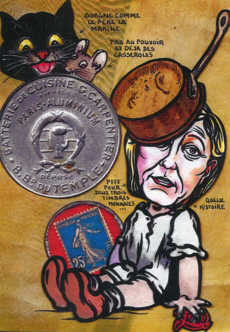 Exemple 236 de carte postale signée Jacques Lardie dit Jihel utilisant le timbre-monnaie Batterie de Cuisine G.Carpentier - Paris-Aluminium - 8, Bd du Temple comme illustration