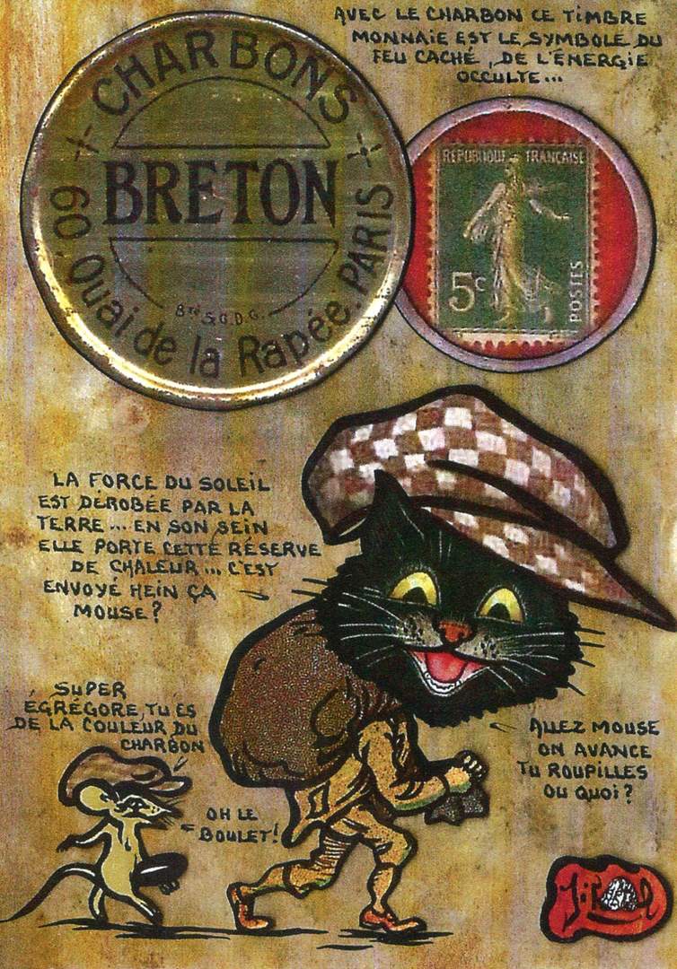 Exemple 24 de carte postale signée Jacques Lardie dit Jihel utilisant le timbre-monnaie Charbons Breton comme illustration