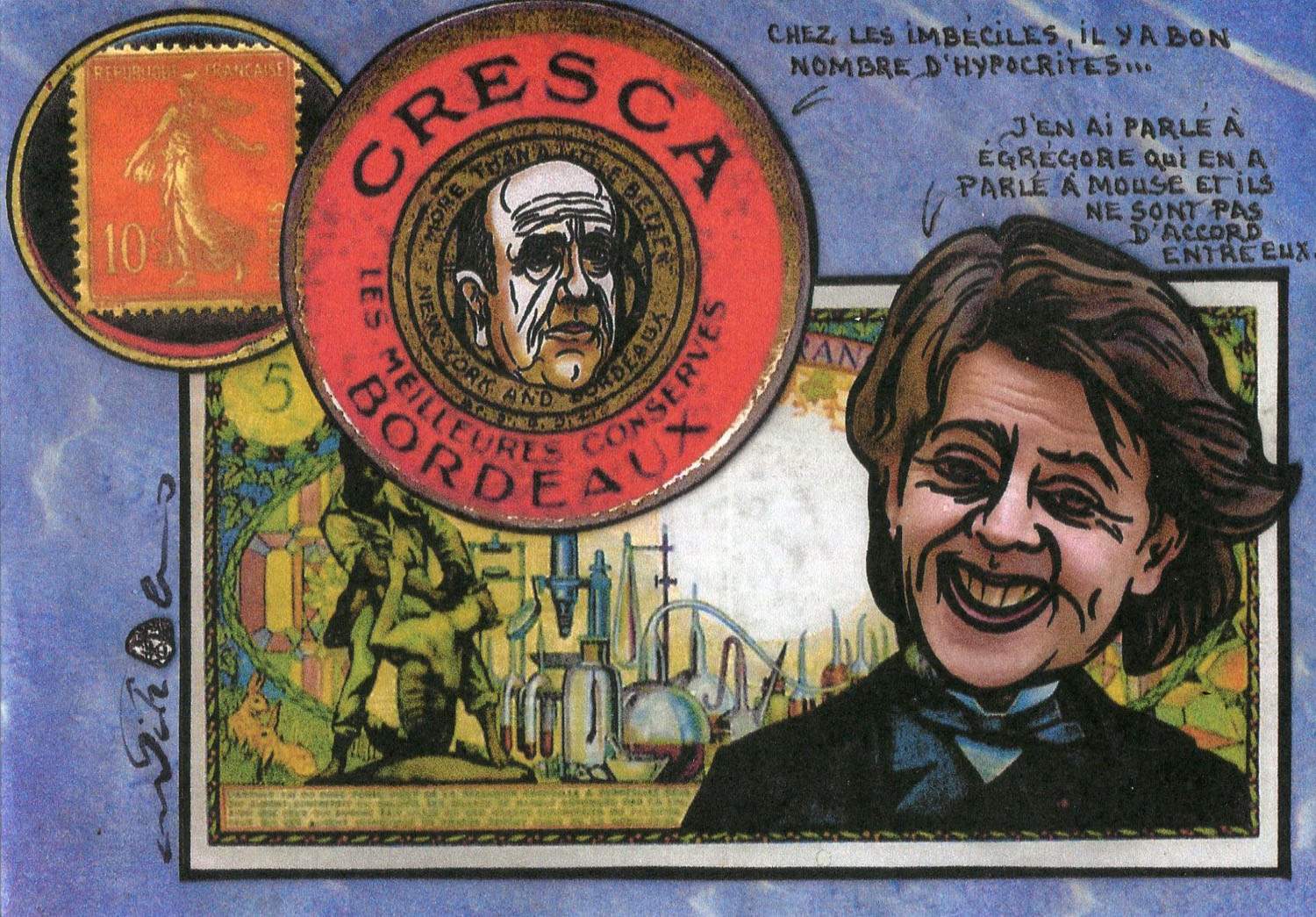 Exemple 243 de carte postale signée Jacques Lardie dit Jihel utilisant le timbre-monnaie Cresca comme illustration