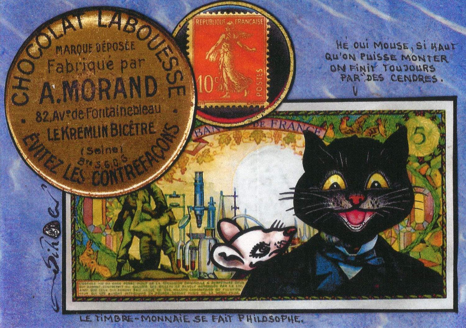 Exemple 246 de carte postale signée Jacques Lardie dit Jihel utilisant le timbre-monnaie Chocolat Labouesse comme illustration