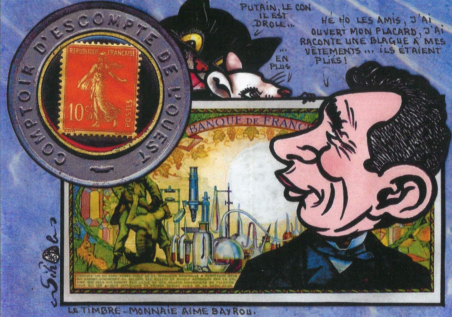 Exemple 248 de carte postale signée Jacques Lardie dit Jihel utilisant le timbre-monnaie Comptoir d'Escompte de l'Ouest - Leherpeur Sadot Cornette et Cie comme illustration