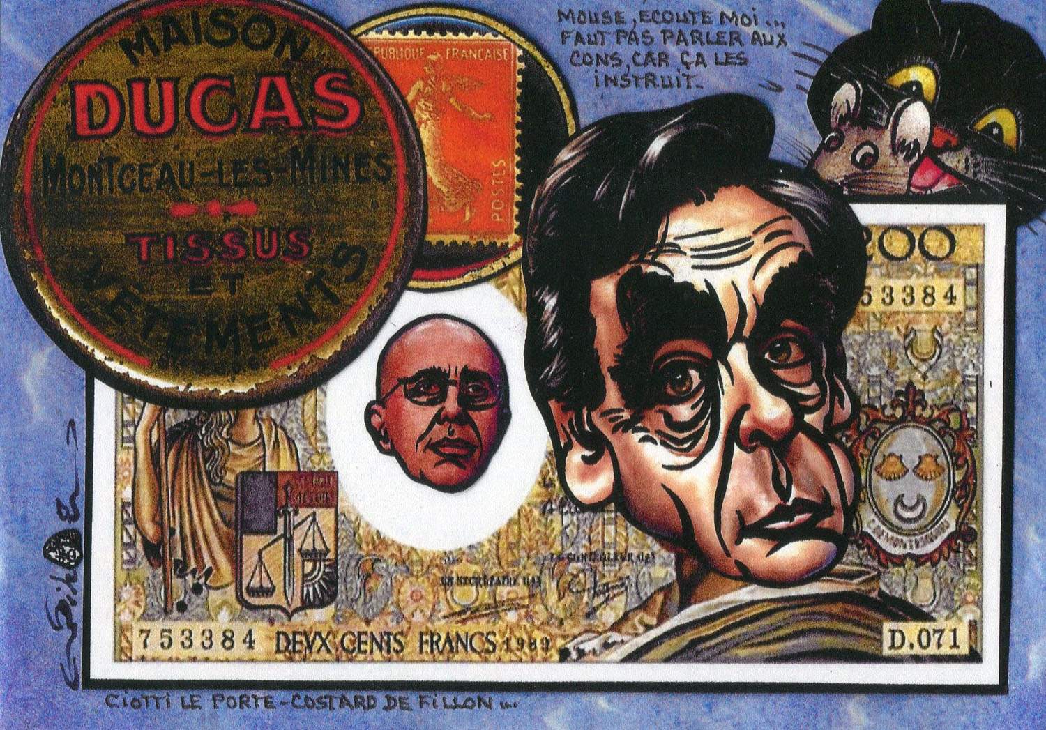 Exemple 249 de carte postale signée Jacques Lardie dit Jihel utilisant le timbre-monnaie Maison Ducas - Montceau-les-Mines comme illustration