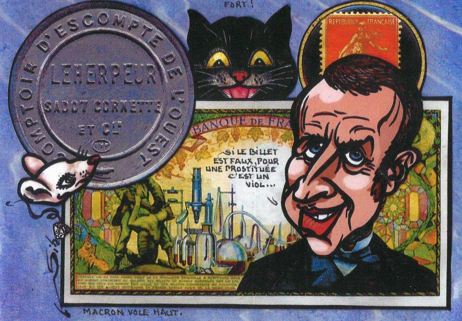 Exemple 248 de carte postale signée Jacques Lardie dit Jihel utilisant le timbre-monnaie Comptoir d'Escompte de l'Ouest - Leherpeur Sadot Cornette et Cie comme illustration