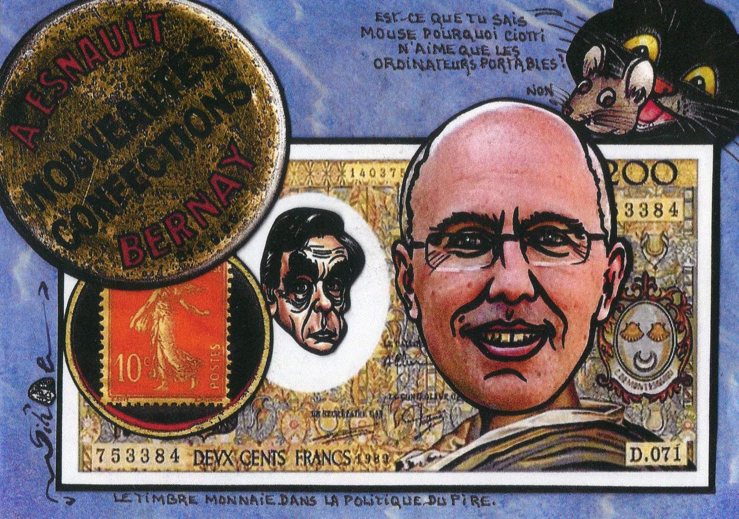 Exemple 252 de carte postale signée Jacques Lardie dit Jihel utilisant le timbre-monnaie A.Esnault - Nouveautés - Confections - Bernay comme illustration