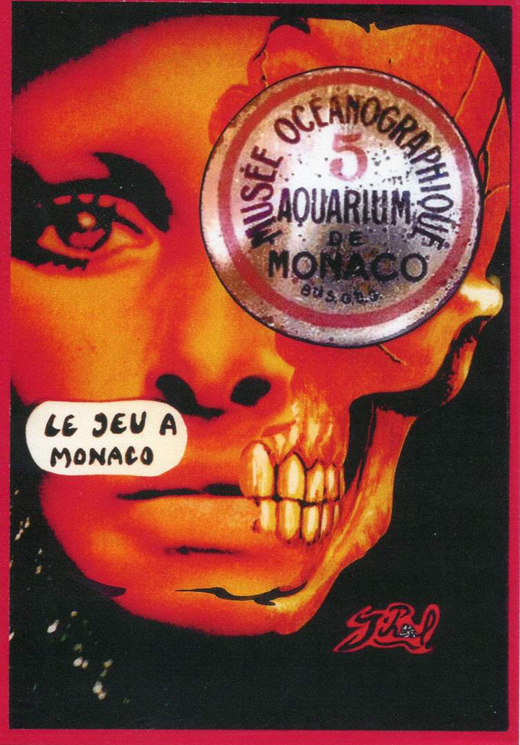 Exemple 254 de carte postale signée Jacques Lardie dit Jihel utilisant le timbre-monnaie Monaco - Musée Océanographique - Aquarium de Monaco - comme illustration