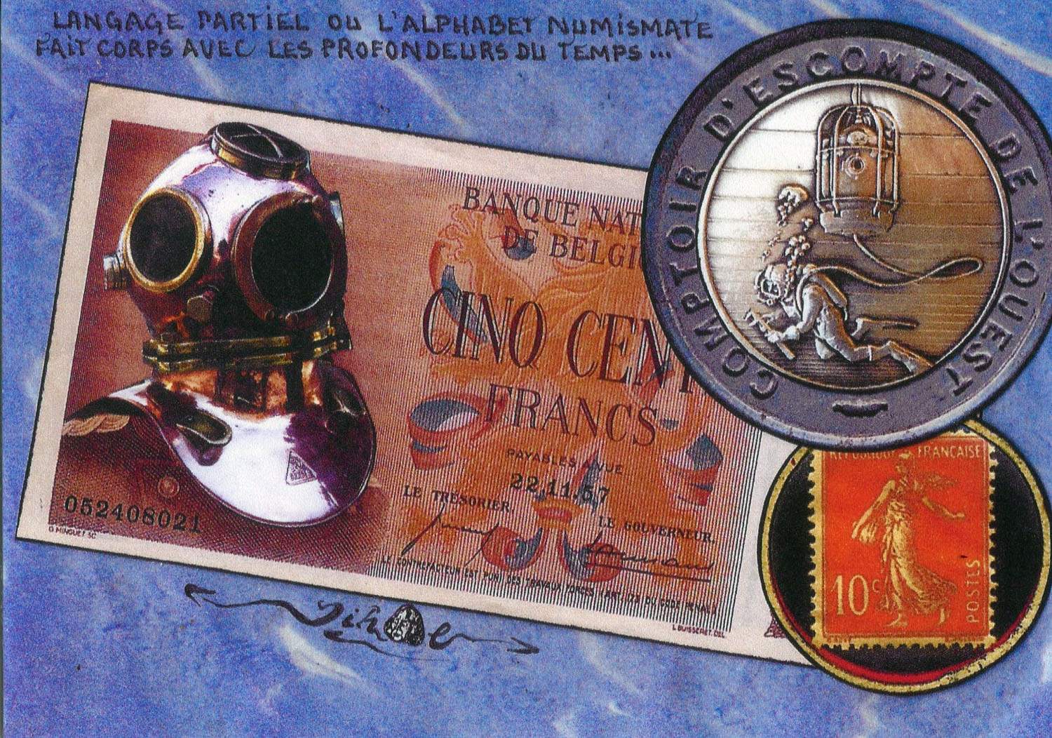 Exemple 248 de carte postale signée Jacques Lardie dit Jihel utilisant le timbre-monnaie Comptoir d'Escompte de l'Ouest  - Leherpeur Sadot Cormette et Cie comme illustration