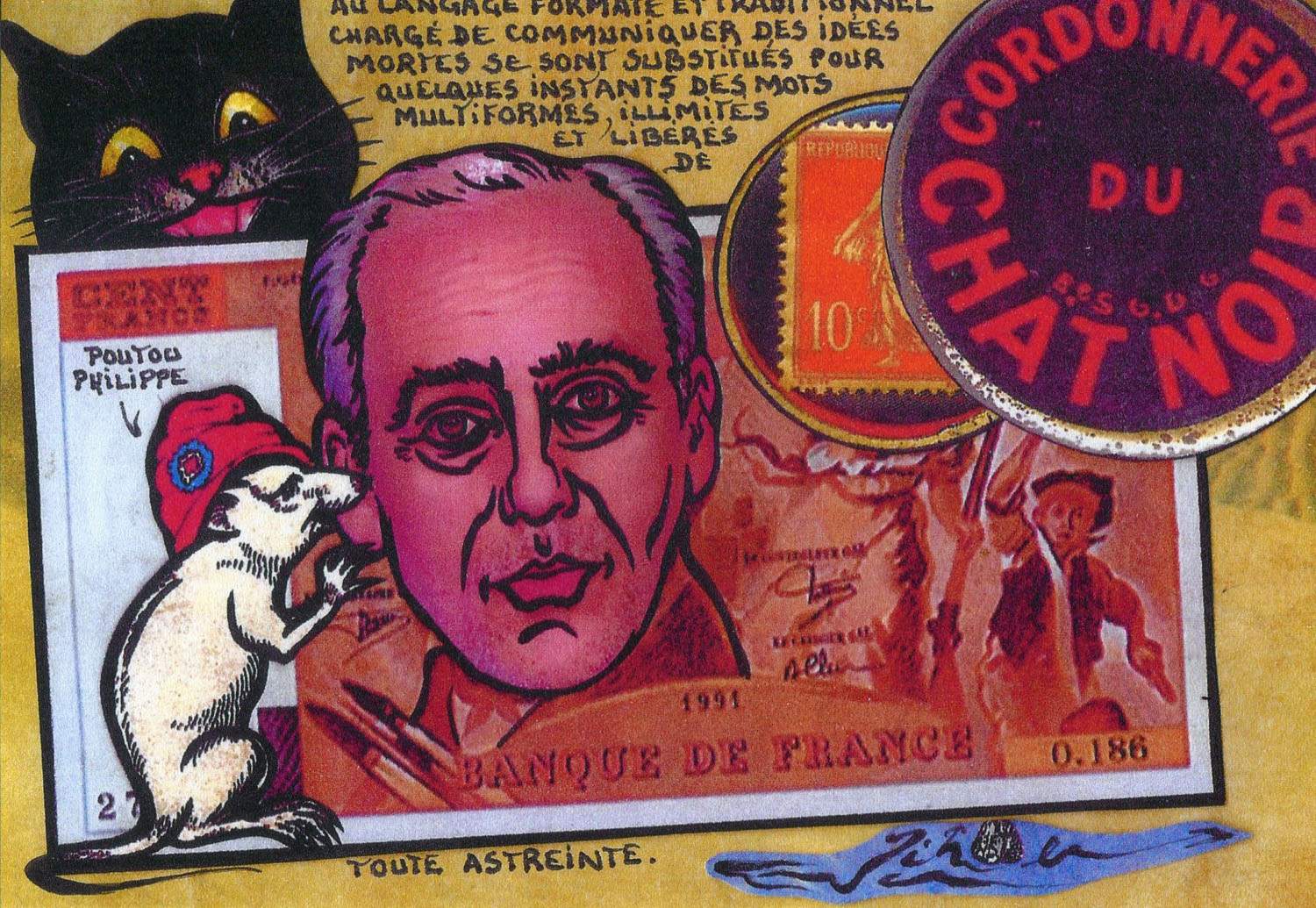 Exemple 265 de carte postale signée Jacques Lardie dit Jihel ou JL utilisant le timbre-monnaie Cordonnerie du Chat Noir comme illustration