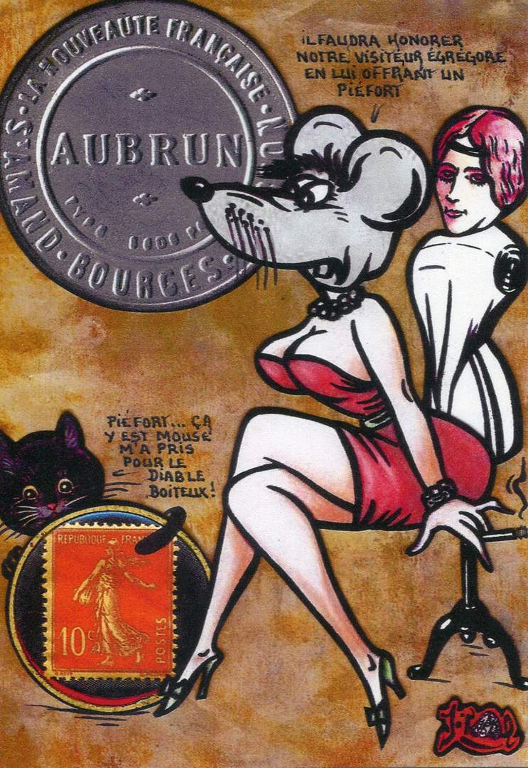 Exemple 266 de carte postale signée Jacques Lardie dit Jihel ou JL utilisant le timbre-monnaie Aubrun - La nouveauté française - St-Amand - Bourges - Vierzon comme illustration