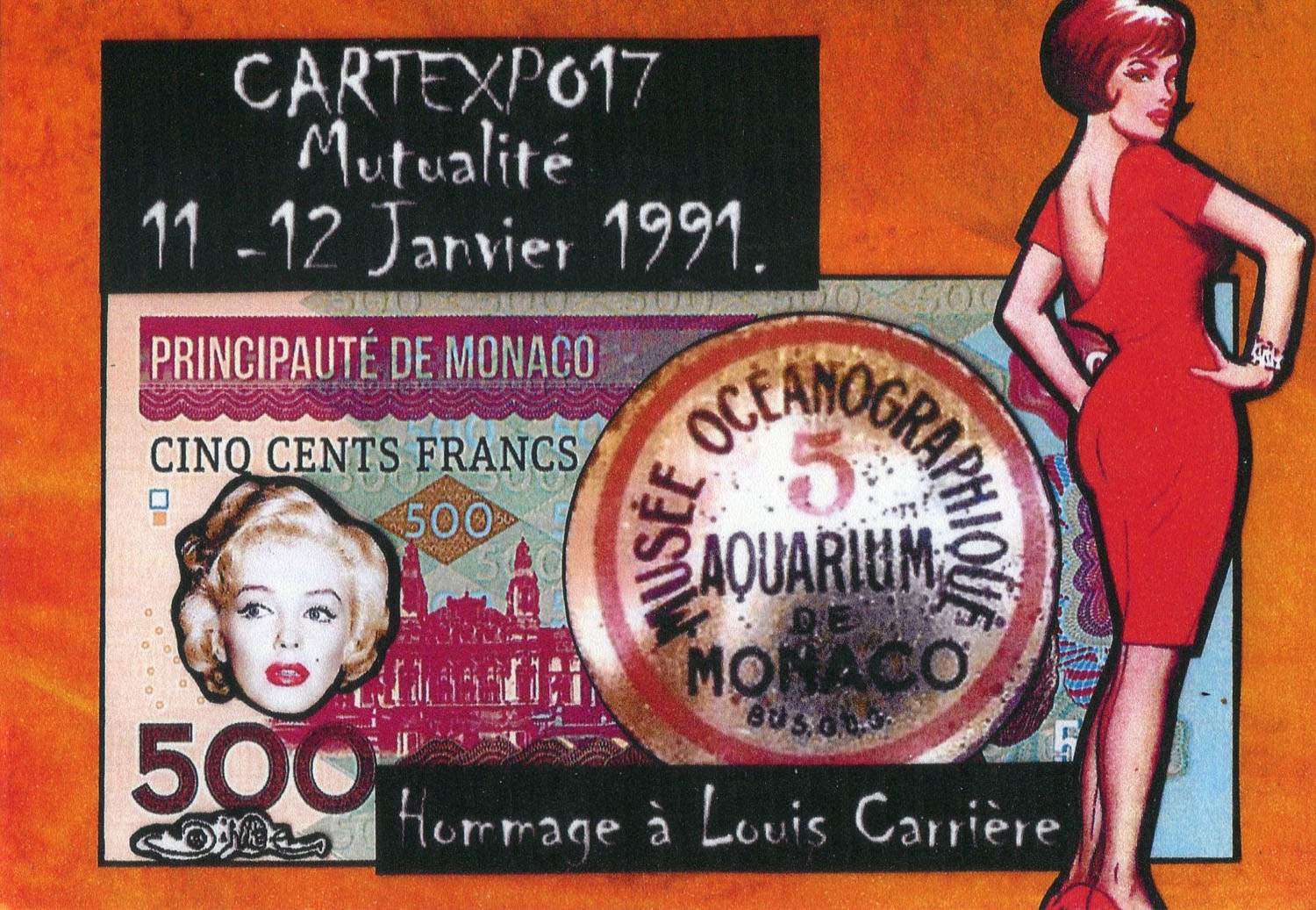 Exemple 282 de carte postale signée Jacques Lardie dit Jihel utilisant le timbre-monnaie Monaco - Musée Océanographique - Aquarium de Monaco - comme illustration