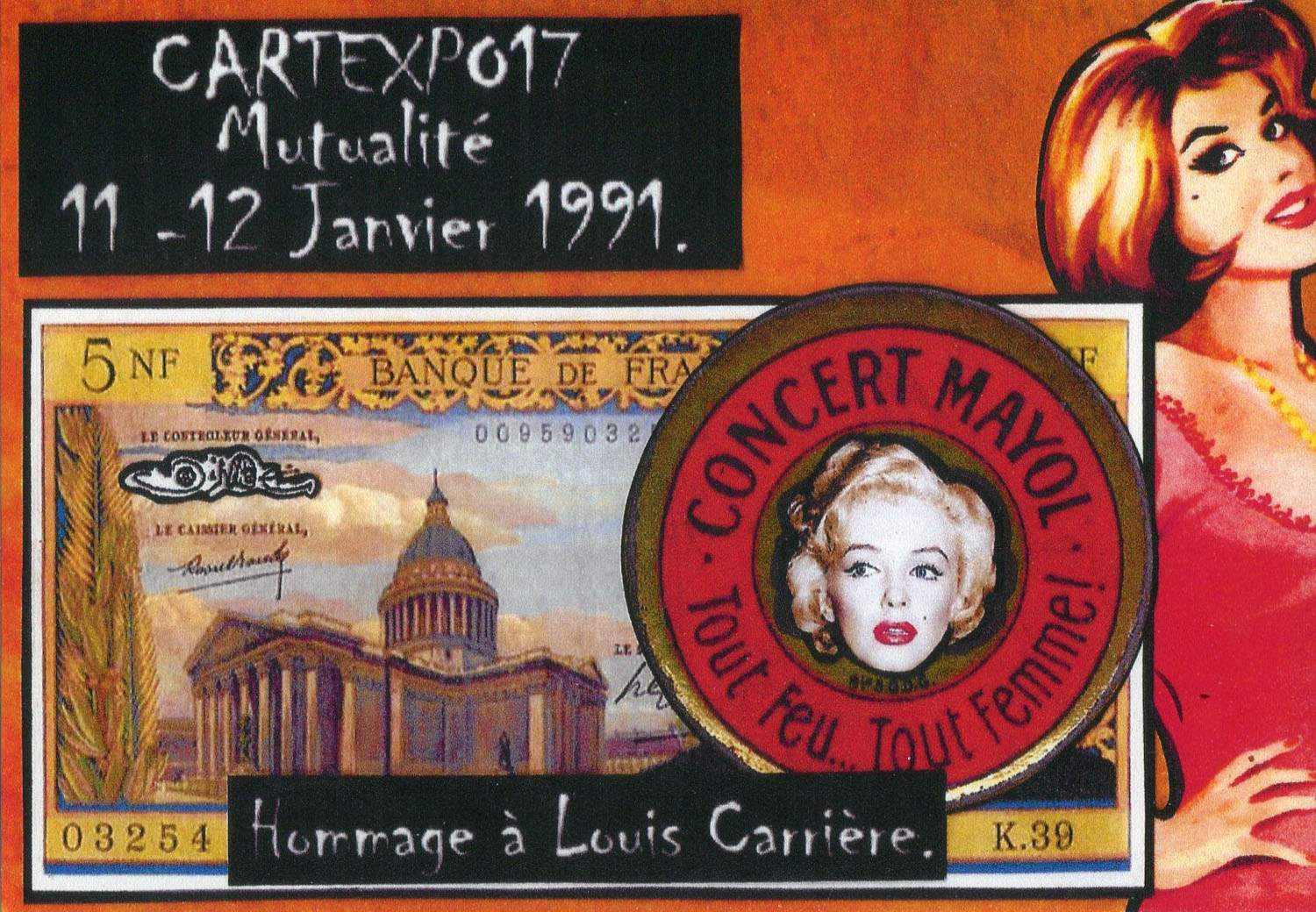 Exemple 283 de carte postale signée Jacques Lardie dit Jihel utilisant le timbre-monnaie Concert Mayol comme illustration
