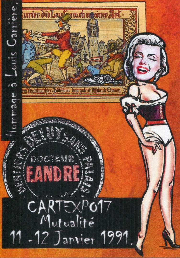 Exemple 287 de carte postale signée Jacques Lardie dit Jihel utilisant le timbre-monnaie Dentiers Deluy comme illustration
