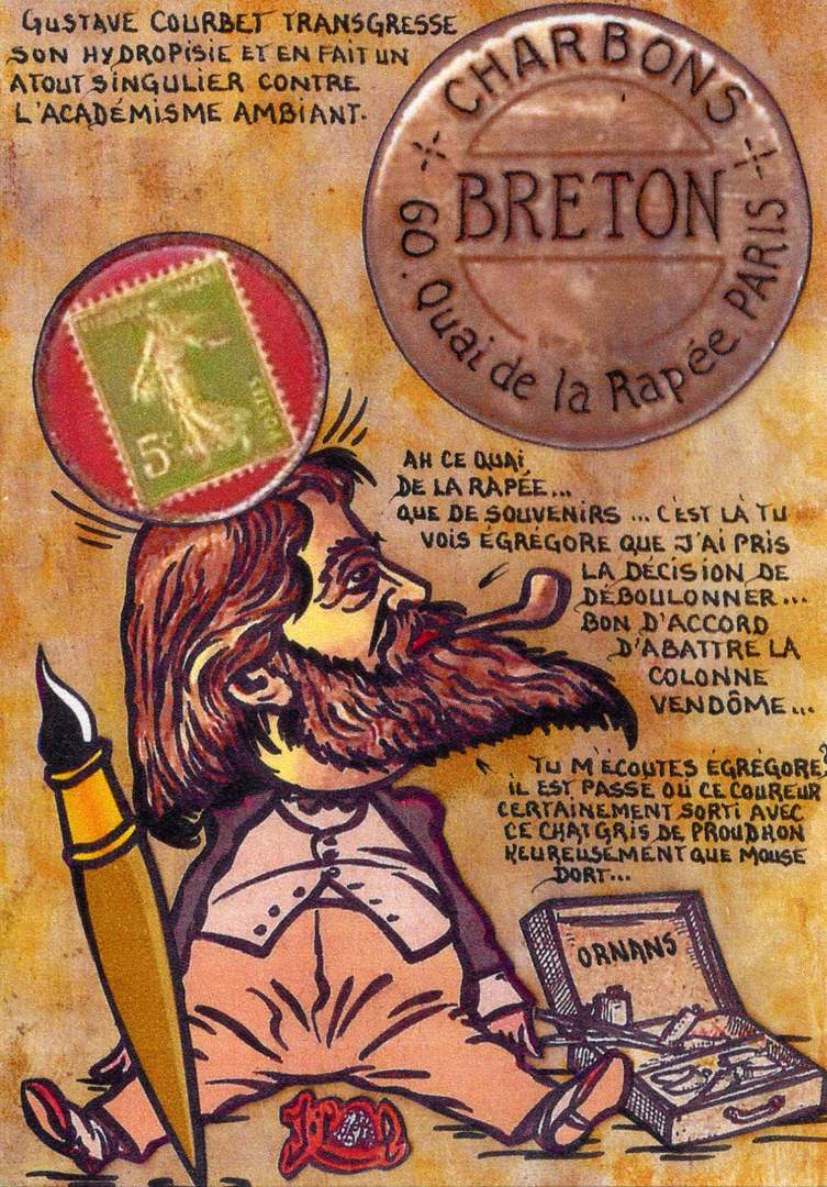 Exemple 296 de carte postale signée Jacques Lardie dit Jihel utilisant le timbre-monnaie Charbons Breton comme illustration