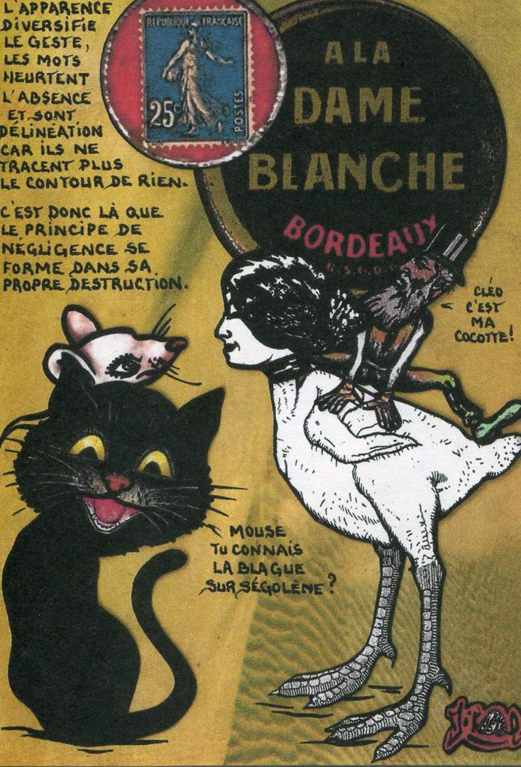Exemple 317 de carte postale signée Jacques Lardie dit Jihel utilisant le timbre-monnaie A la Dame Blanche comme illustration