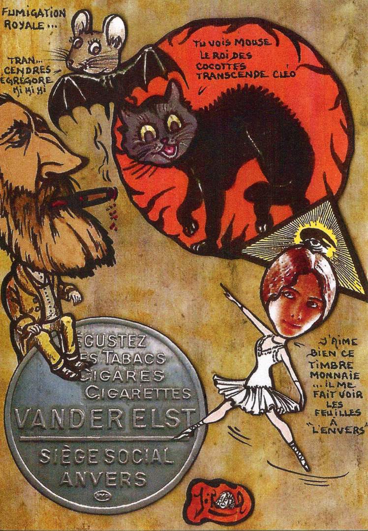 Exemple 32 de carte postale signée Jacques Lardie dit Jihel ou JL utilisant le timbre-monnaie Van Der Elst à Anvers comme illustration