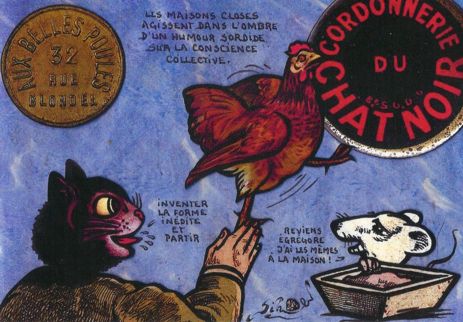 Exemple 320 de carte postale signée Jacques Lardie dit Jihel ou JL utilisant le timbre-monnaie Cordonnerie du Chat Noir comme illustration