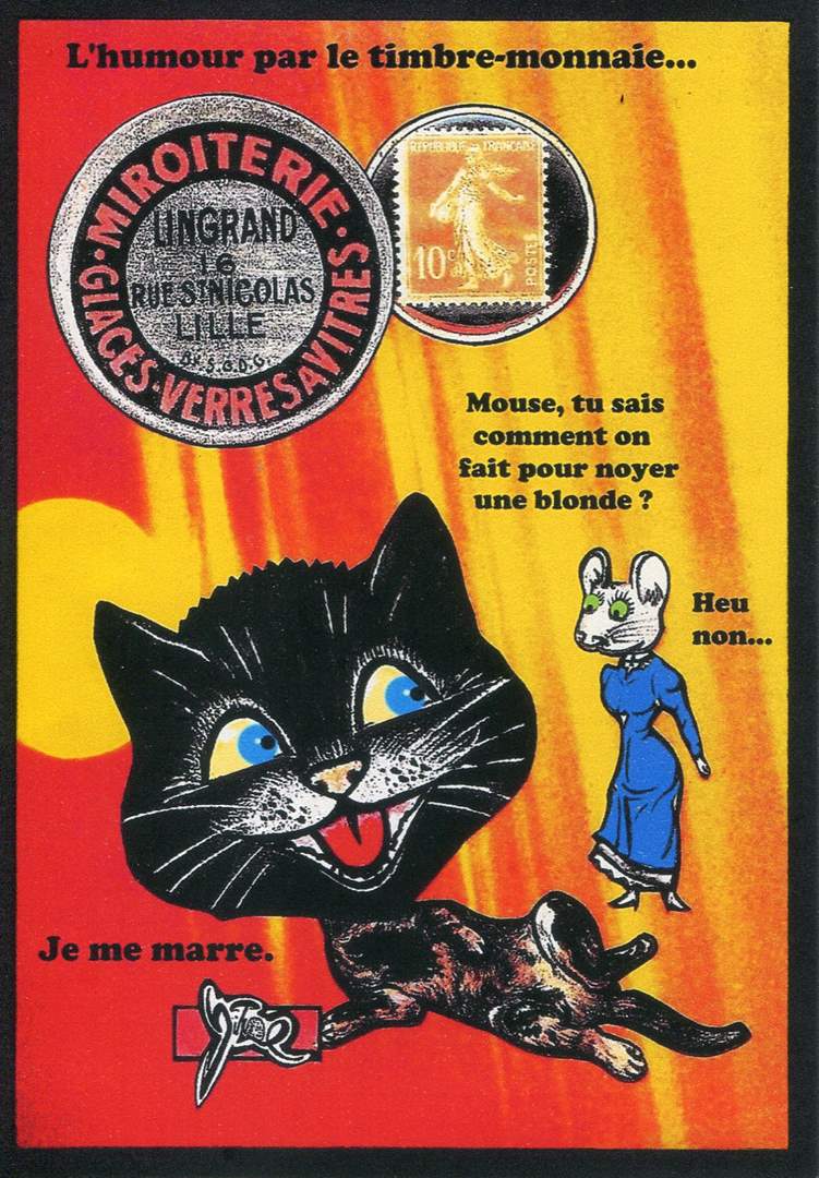 Exemple 336 de carte postale signée Jacques Lardie dit Jihel utilisant le timbre-monnaie Lingrand - Miroiterie - comme illustration