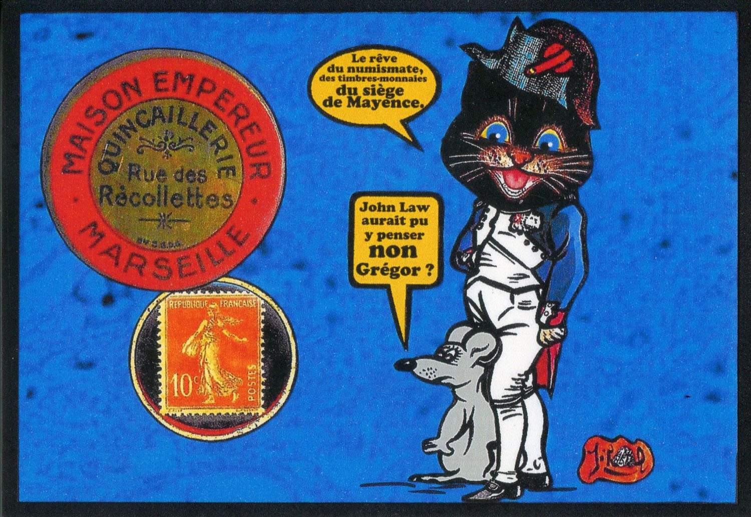 Exemple 338 de carte postale signée Jacques Lardie dit Jihel utilisant le timbre-monnaie Maison Empereur - Quincaillerie  - Rue des Récollettes - Marseille - comme illustration