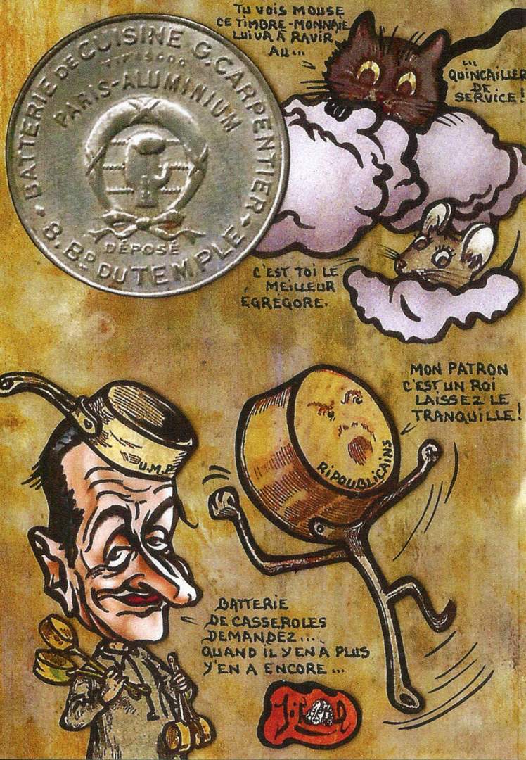 Exemple 36 de carte postale signée Jacques Lardie dit Jihel utilisant le timbre-monnaie Batterie de Cuisine G.Carpentier - Paris-Aluminium - 8, Bd du Temple comme illustration