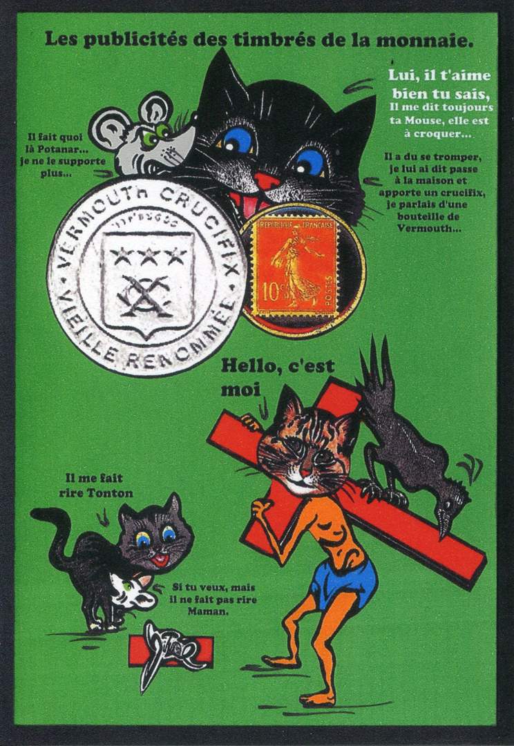 Exemple 402 de carte postale signée Jacques Lardie dit Jihel ou JL utilisant le timbre-monnaie Vermouth Crucifix - Vieille renommée - comme illustration