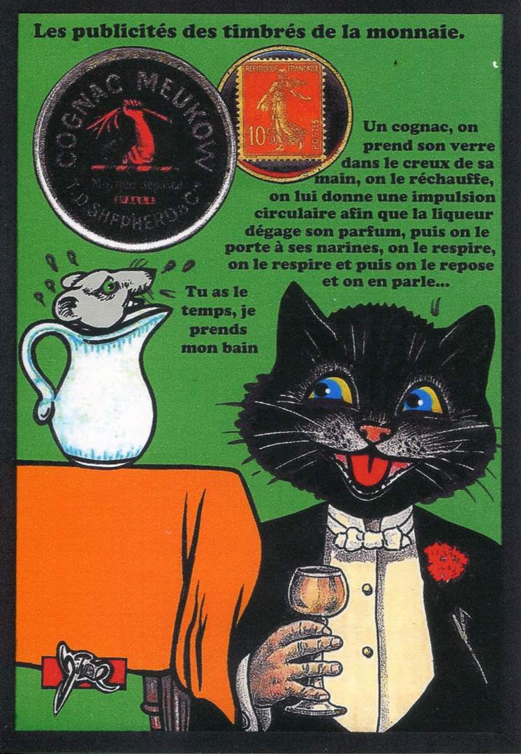 Exemple 404 de carte postale signe Jacques Lardie dit Jihel utilisant le timbre-monnaie Cognac Meukow comme illustration