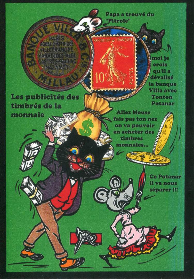 Exemple 405 de carte postale signée Jacques Lardie dit Jihel utilisant le timbre-monnaie Banque Villa & Cie - Millau - Paris - Rodez - St Affrique - Villefranche - Marvejols - Albi - Castres - Gaillac - Mazamet comme illustration