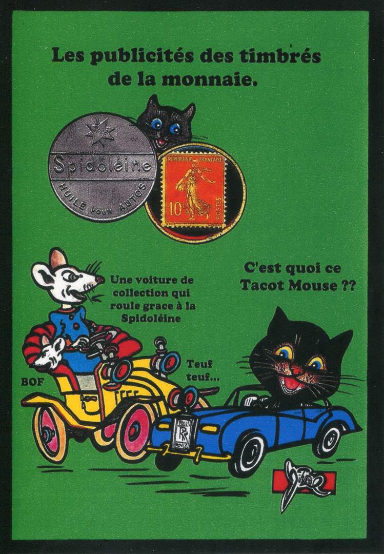 Exemple 407 de carte postale sign�e Jacques Lardie dit Jihel ou JL utilisant le timbre-monnaie Spidol�ine - Huile pour autos - comme illustration