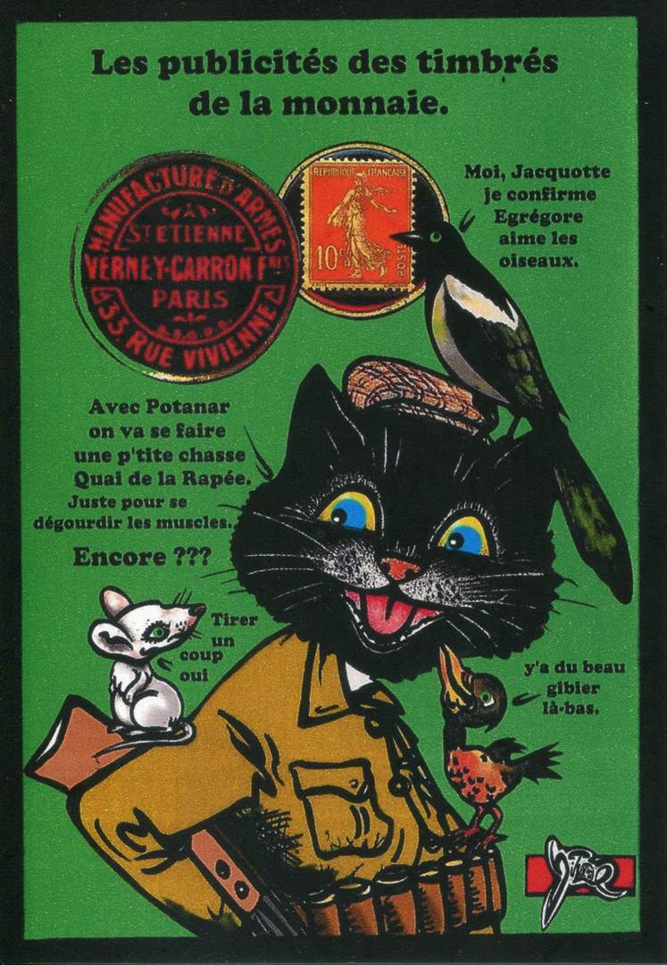Exemple 408 de carte postale signée Jacques Lardie dit Jihel ou JL utilisant le timbre-monnaie Verney-Carron - Manufacture d'armes - 33, rue Vivienne - Paris - comme illustration