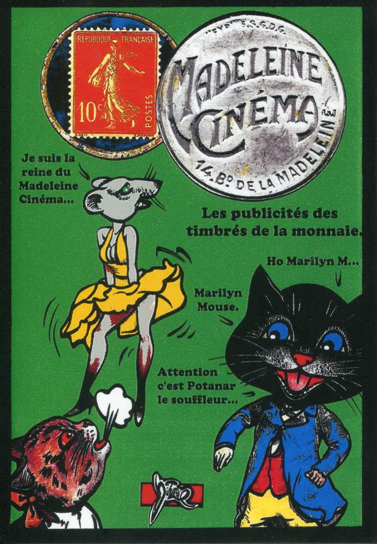 Exemple 415 de carte postale signée Jacques Lardie dit Jihel utilisant le timbre-monnaie Madeleine Cinéma comme illustration