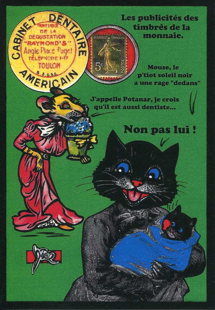 Exemple 421 de carte postale signée Jacques Lardie dit Jihel utilisant le timbre-monnaie Cabinet Dentaire Américain comme illustration