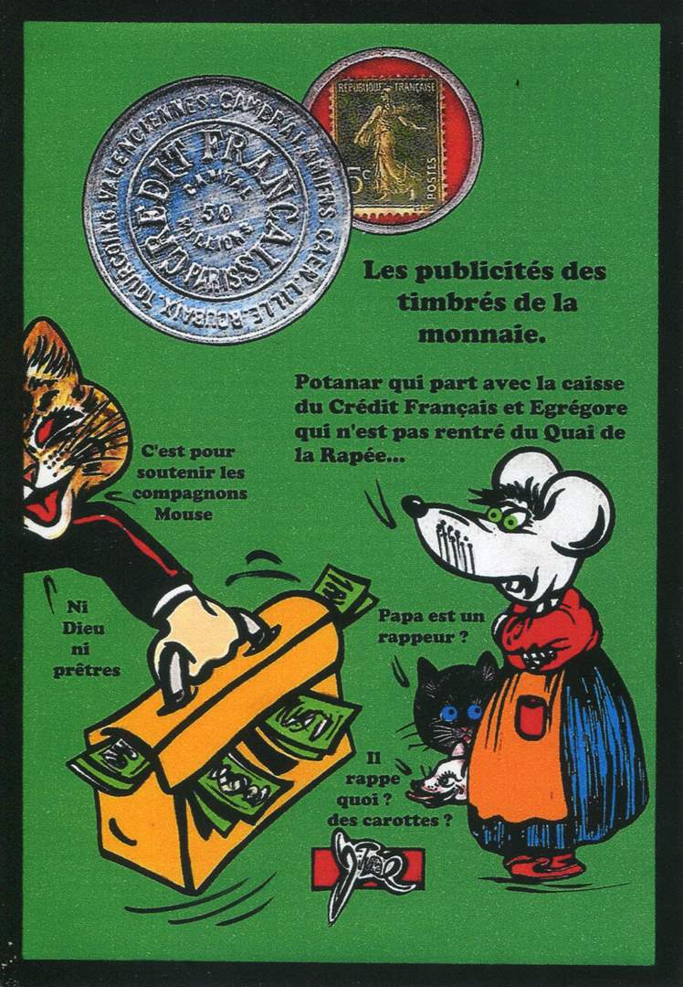 Exemple 425 de carte postale signée Jacques Lardie dit Jihel utilisant le timbre-monnaie Crédit Français comme illustration
