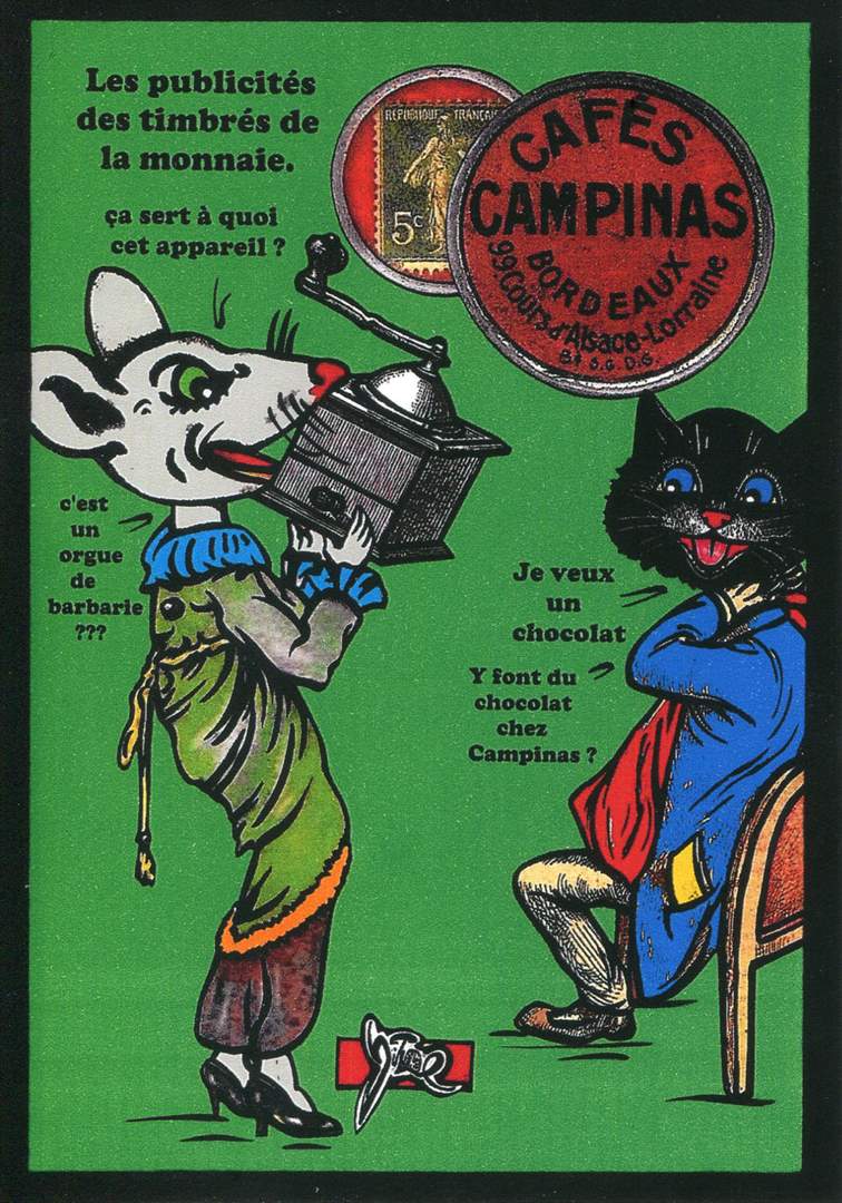 Exemple 434 de carte postale sign�e Jacques Lardie dit Jihel utilisant le timbre-monnaie Caf�s Campinas comme illustration