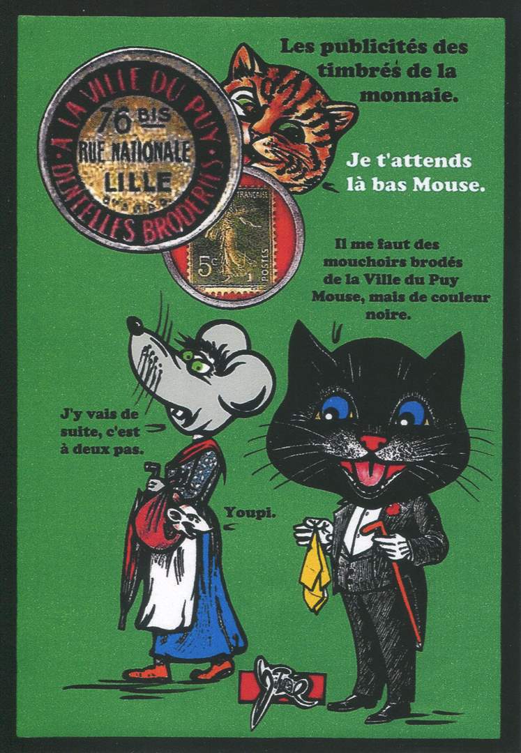 Exemple 438 de carte postale signée Jacques Lardie dit Jihel ou JL utilisant le timbre-monnaie A la Ville du Puy - Dentelles Broderies - 76 bis Rue Nationale - Lille - comme illustration