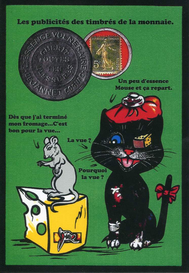 Exemple 443 de carte postale signée Jacques Lardie dit Jihel utilisant le timbre-monnaie Essence Vulnéraire de Jannet comme illustration