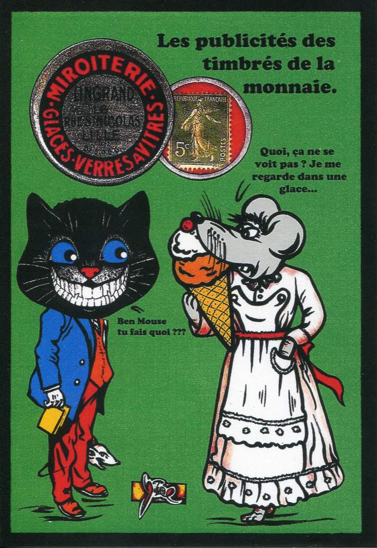 Exemple 444 de carte postale sign�e Jacques Lardie dit Jihel utilisant le timbre-monnaie Lingrand - Miroiterie - comme illustration