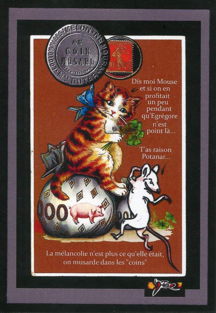 Exemple 449 de carte postale signée Jacques Lardie dit Jihel utilisant le timbre-monnaie Au Coin Musard comme illustration