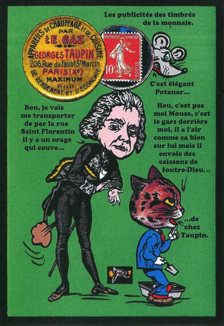 Exemple 459 de carte postale sign�e Jacques Lardie dit Jihel utilisant le timbre-monnaie Le Gaz Georges Taupin comme illustration
