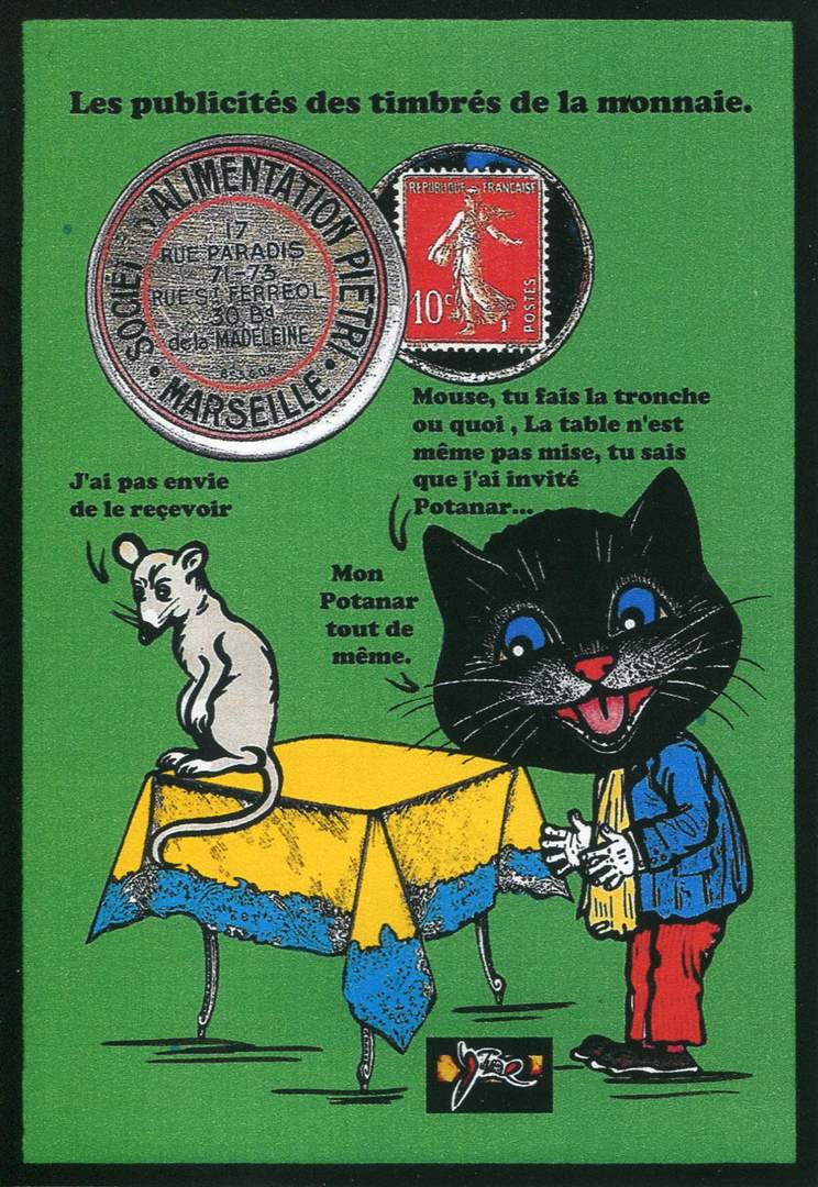 Exemple 463 de carte postale signée Jacques Lardie dit Jihel ou JL utilisant le timbre-monnaie Société d'Alimentation Pietri - Marseille comme illustration
