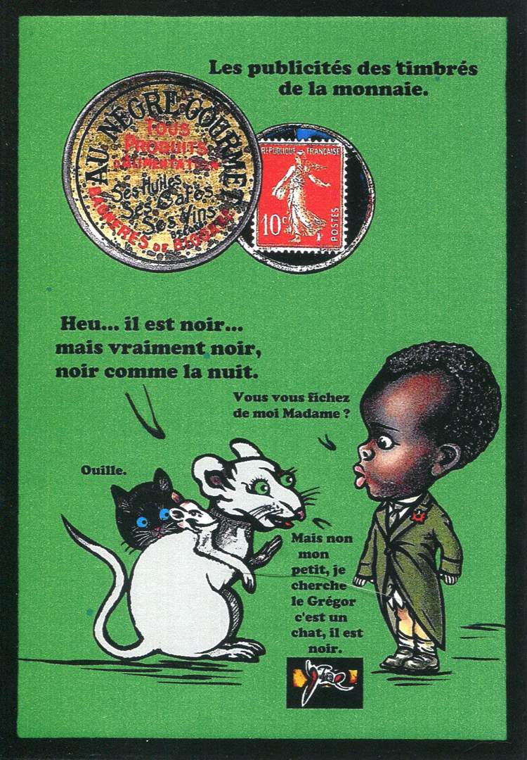 Exemple 464 de carte postale signée Jacques Lardie dit Jihel utilisant le timbre-monnaie Au Nègre Gourmet comme illustration