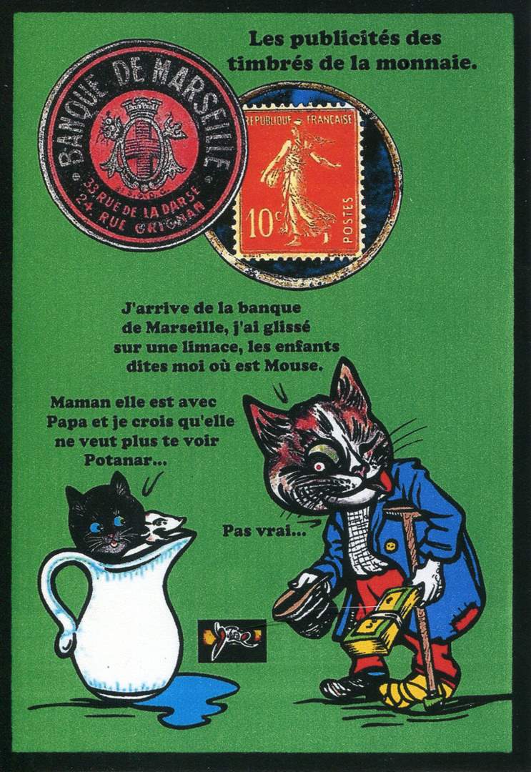 Exemple 465 de carte postale signée Jacques Lardie dit Jihel utilisant le timbre-monnaie Banque de Marseille - 33, rue de la Darse - 24, rue Grignan comme illustration